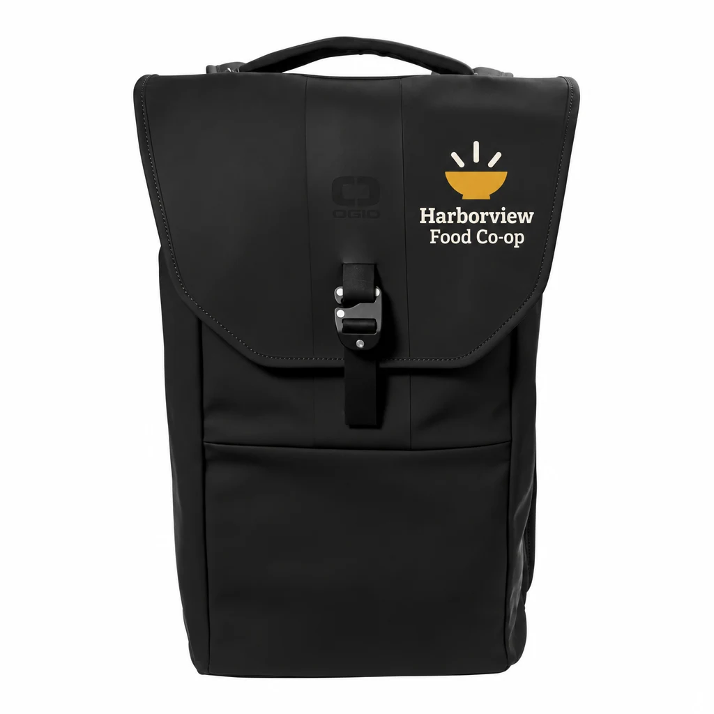Custom OGIO Resistant Rolltop Pack (91014) in Blacktop, flat-lay view with a custom printed logo. Example design