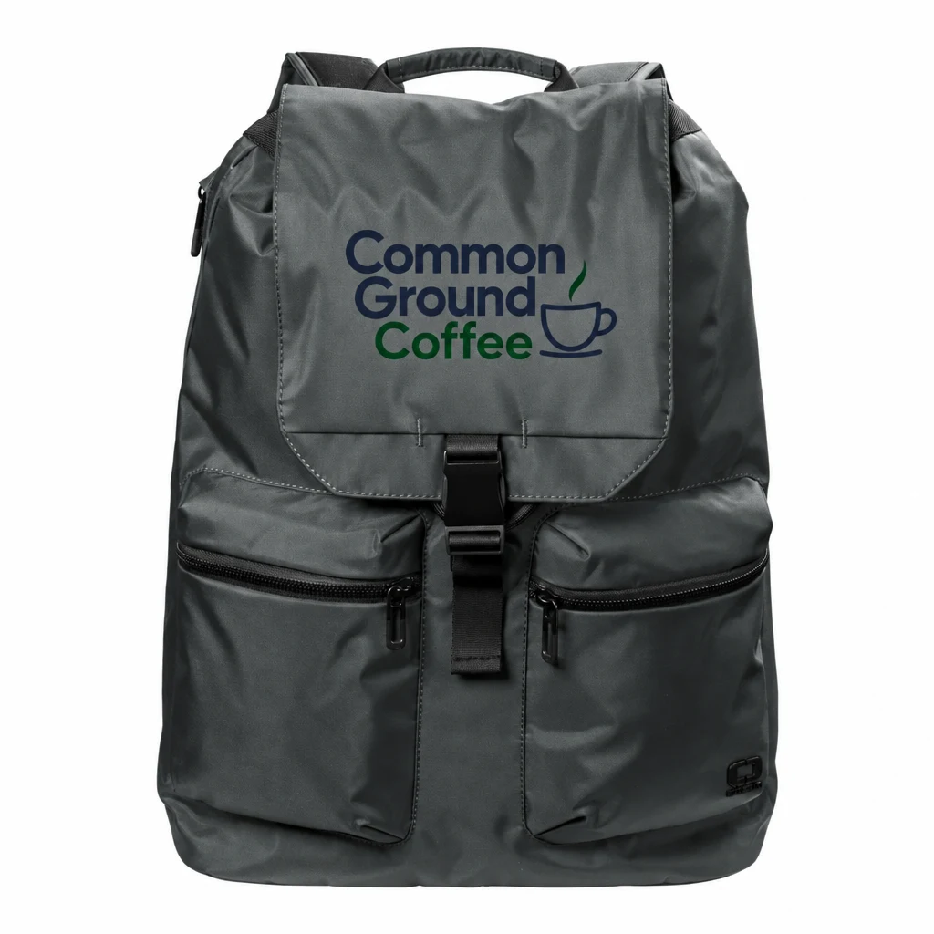 Custom OGIO Evolution Pack (91015) in Tarmac Grey, flat-lay view with a custom printed logo. Example design