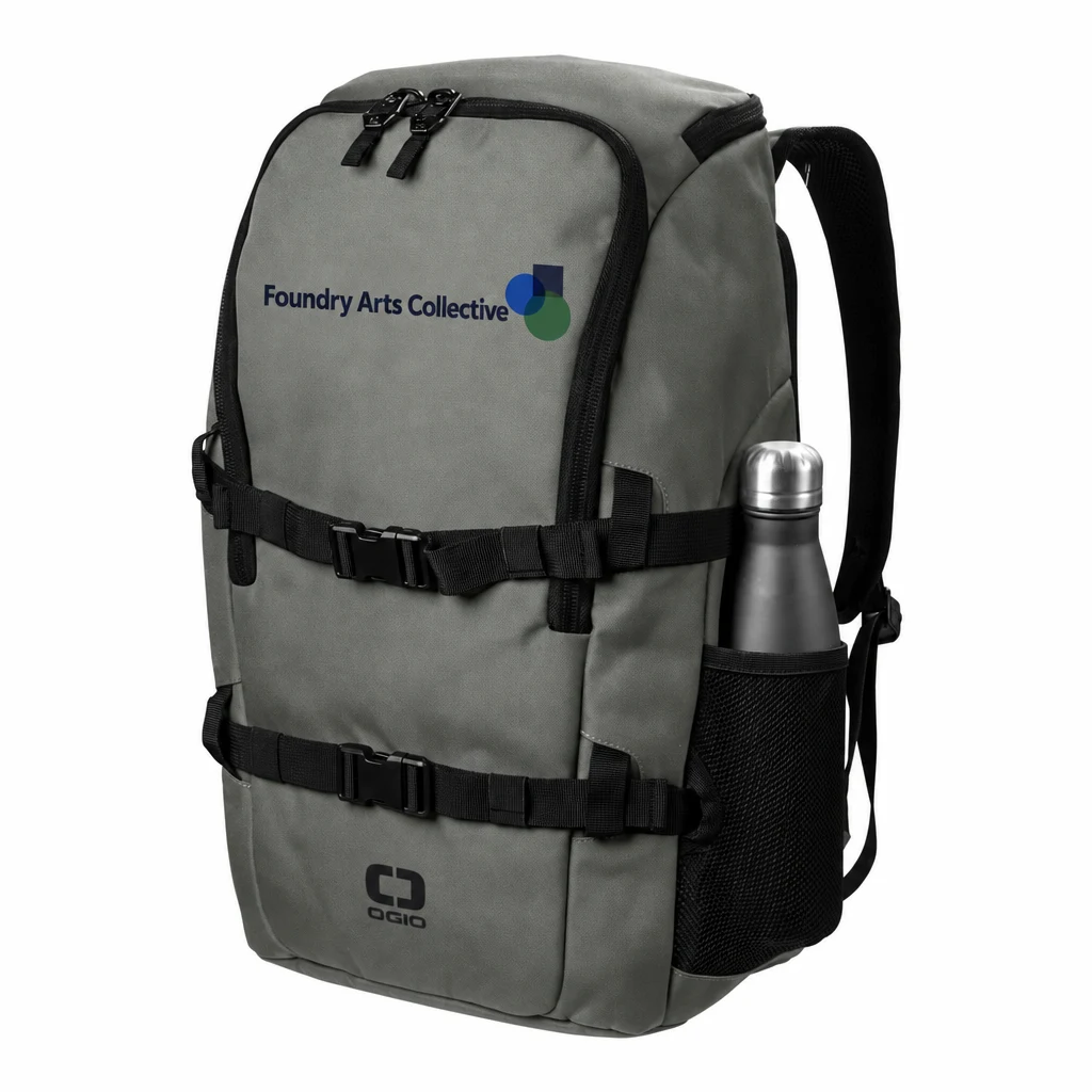 Custom OGIO Street Pack (91016) in Rogue Grey, flat-lay view with a custom printed logo. Example design
