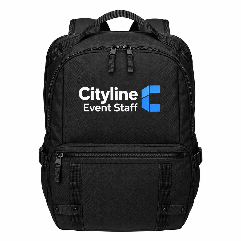 Custom OGIO Utilitarian Modular Pack (91018) in Blacktop, flat-lay view with a custom printed logo. Example design