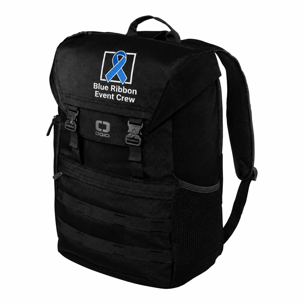 Custom OGIO Command Pack (91019) in Blacktop, flat-lay view with a custom printed logo. Example design