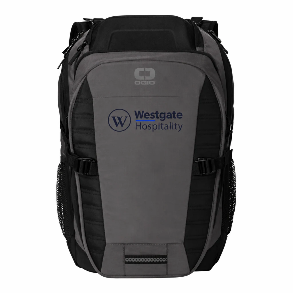 Custom OGIO Motion X-Over Pack (91020) in Diesel Grey, flat-lay view with a custom printed logo. Example design