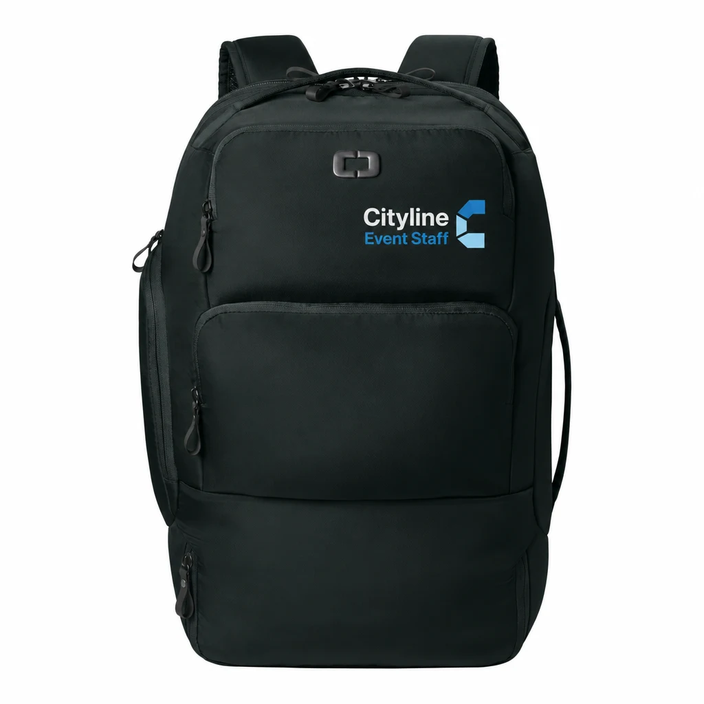 Custom OGIO Ultimate Travel Pack (91023) in Blacktop, flat-lay view with a custom printed logo. Example design