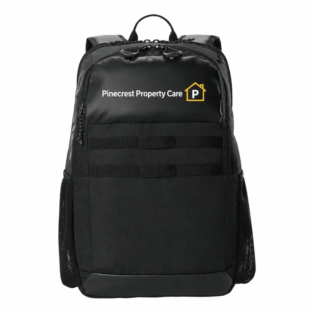 Custom OGIO Base Pack (91025) in Blacktop, flat-lay view with a custom printed logo. Example design