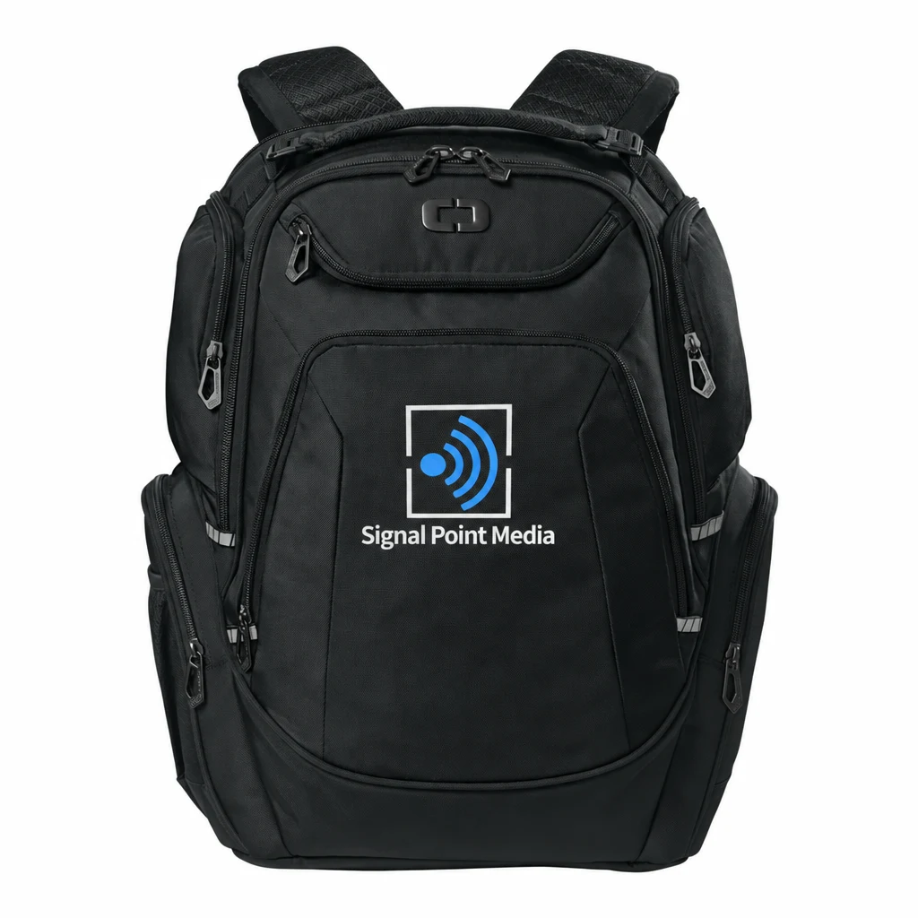 Custom OGIO Kinetic Pack (91030) in Blacktop, flat-lay view with a custom printed logo. Example design