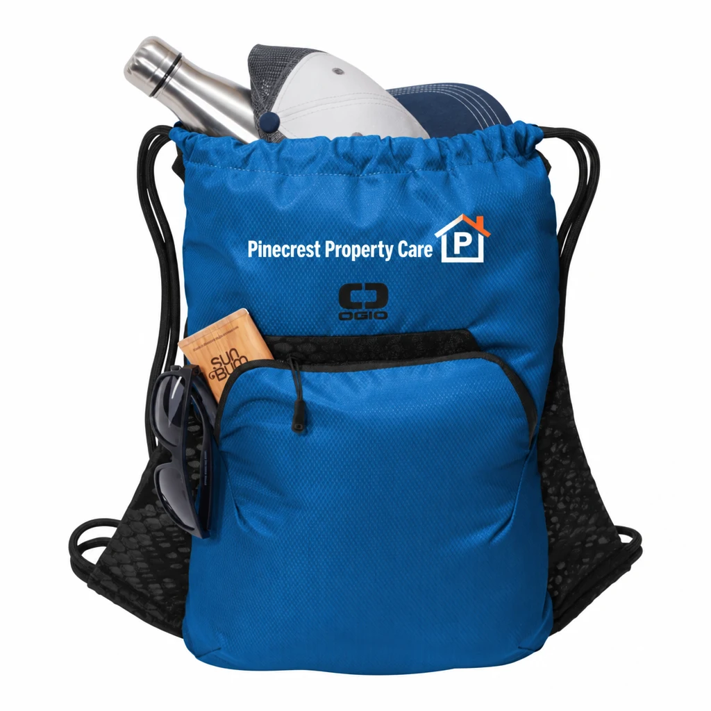 Custom OGIO Boundary Cinch Pack (92000) in Cobalt Blue, flat-lay view with a custom printed logo.