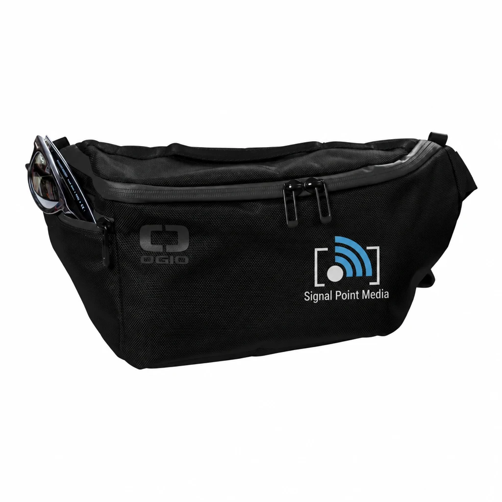 Custom OGIO Ballistic Crossbody (92002) in Blacktop, flat-lay view with a custom printed logo.