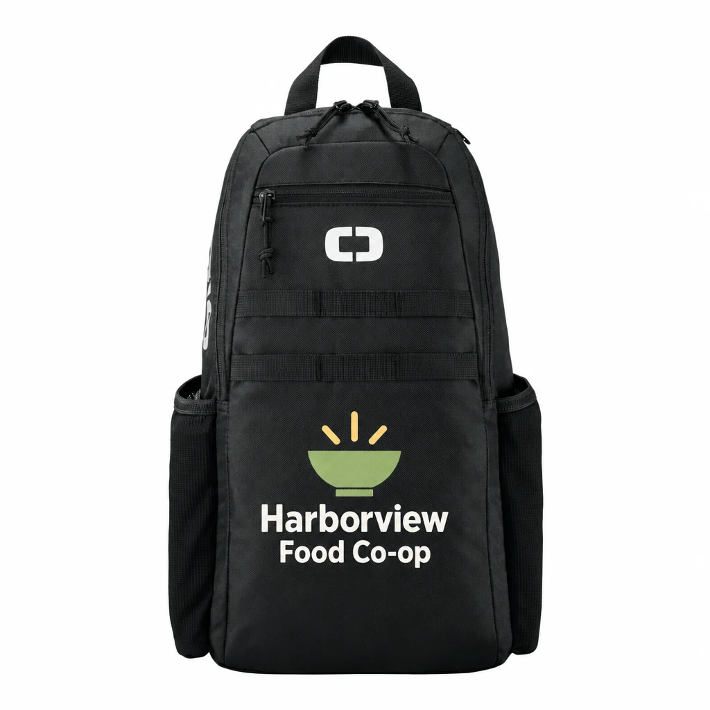 Custom OGIO LIMITED EDITION OGIO Court Sling (92003) in Blacktop, flat-lay view with a custom printed logo.