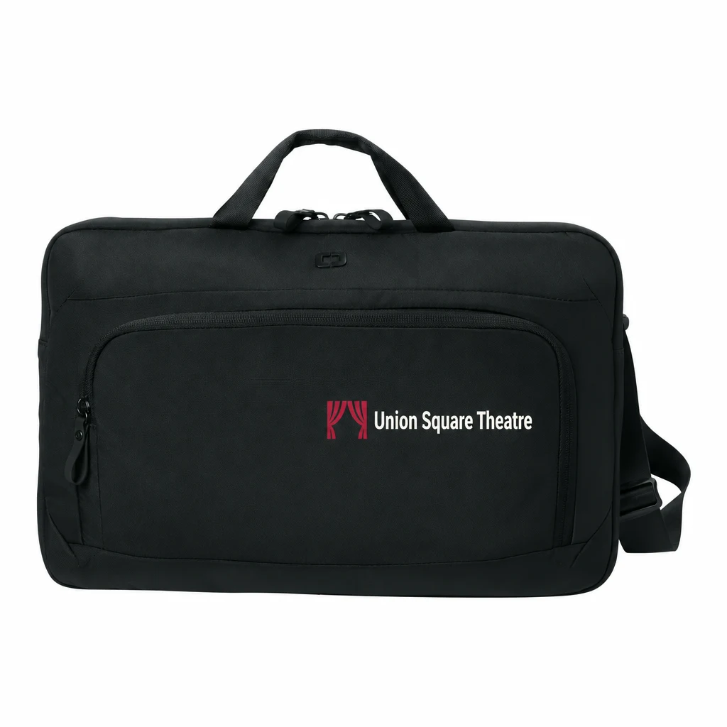 Custom OGIO Slim Brief (93023) in Blacktop, flat-lay view with a custom printed logo.