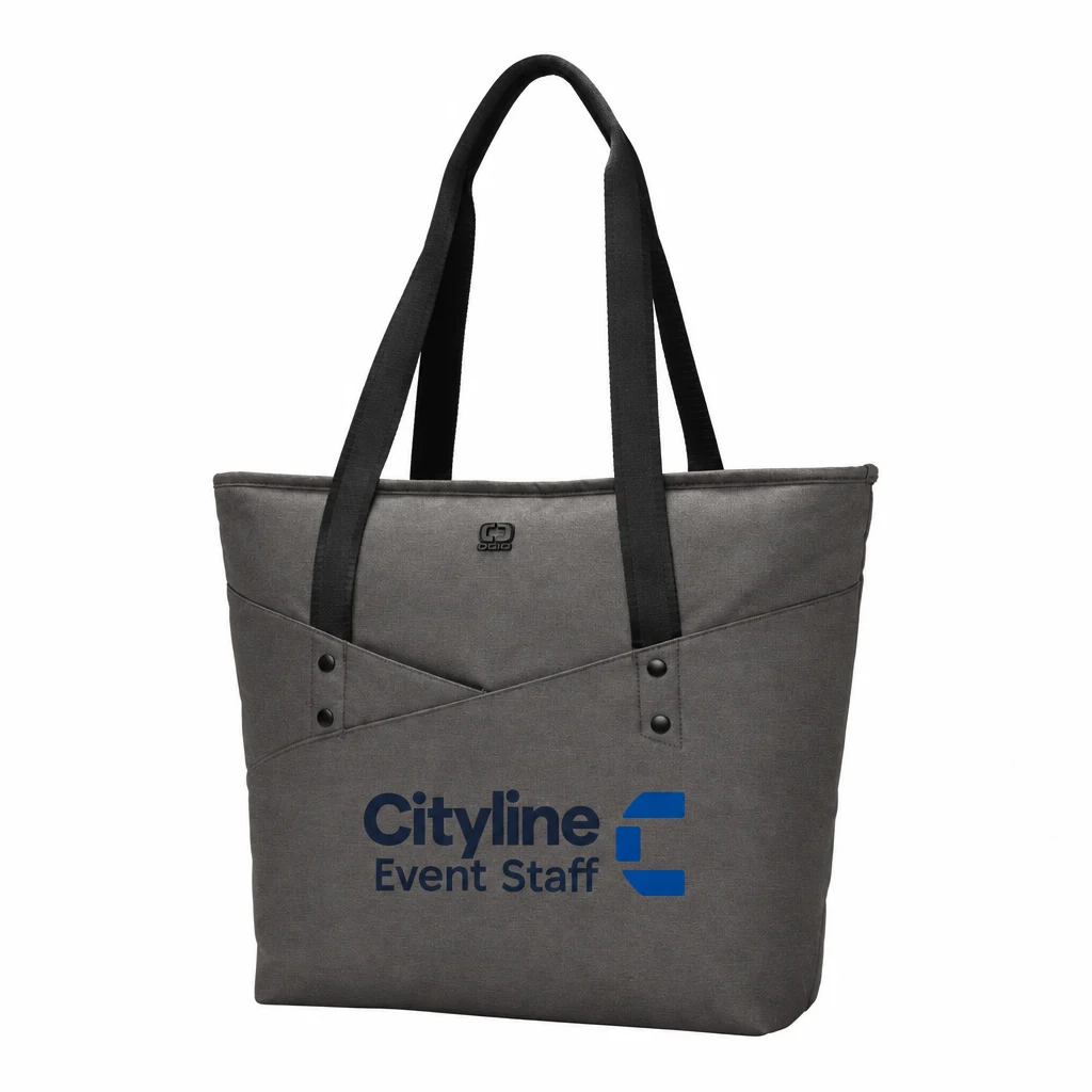 Custom OGIO Downtown Tote (94000) in Tarmac Heather, flat-lay view with a custom printed logo. Example design