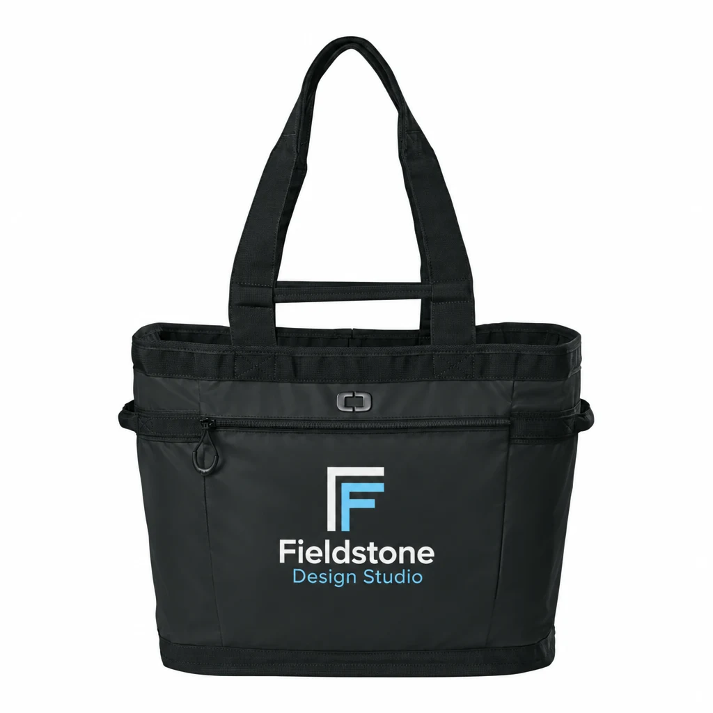Custom OGIO Gear Tote (94002) in Blacktop, flat-lay view with a custom printed logo. Example design