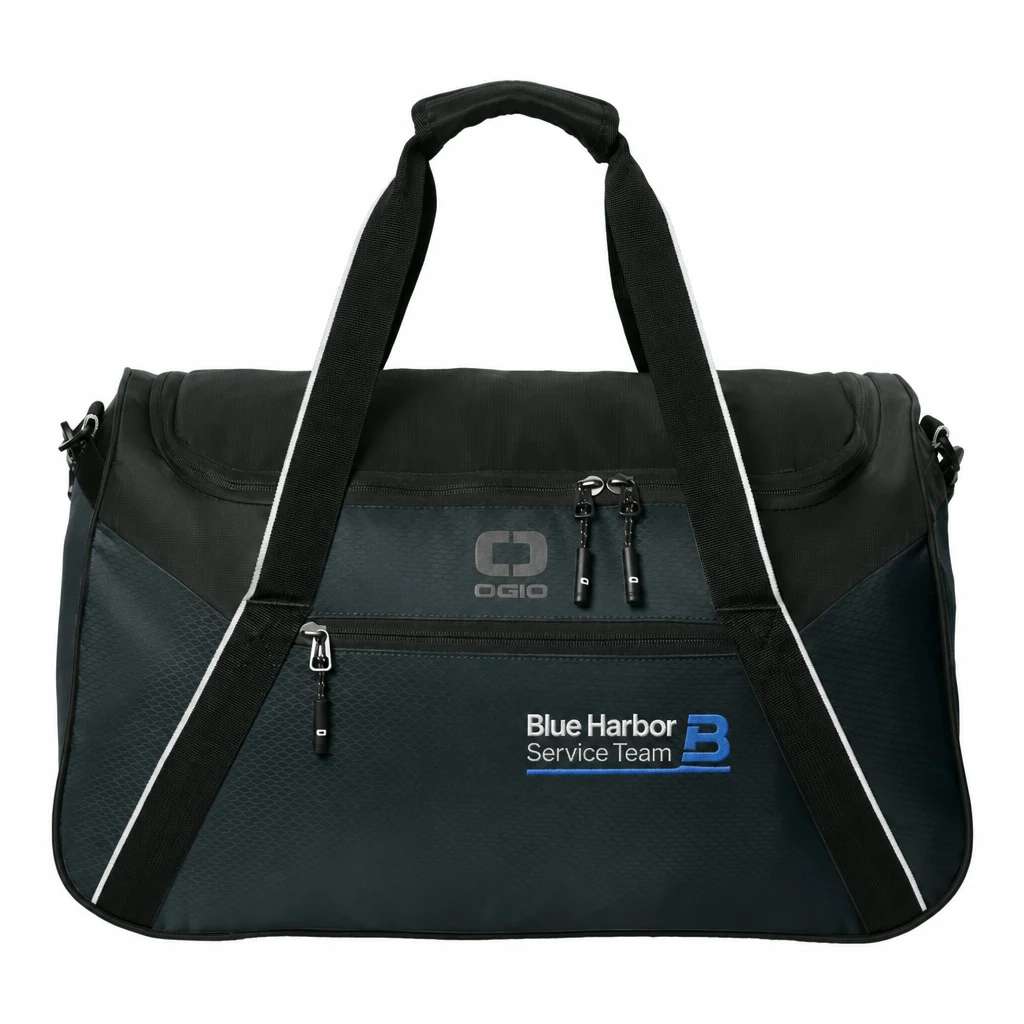 Custom OGIO Inception Duffel (95002) in Blacktop, flat-lay view with a custom embroidered logo.