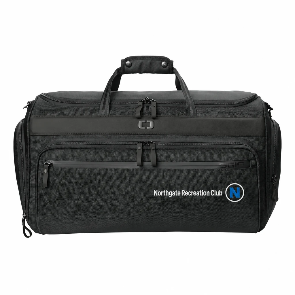 Custom OGIO Transform Garment Duffel (95003) in Blacktop, flat-lay view with a custom embroidered logo.