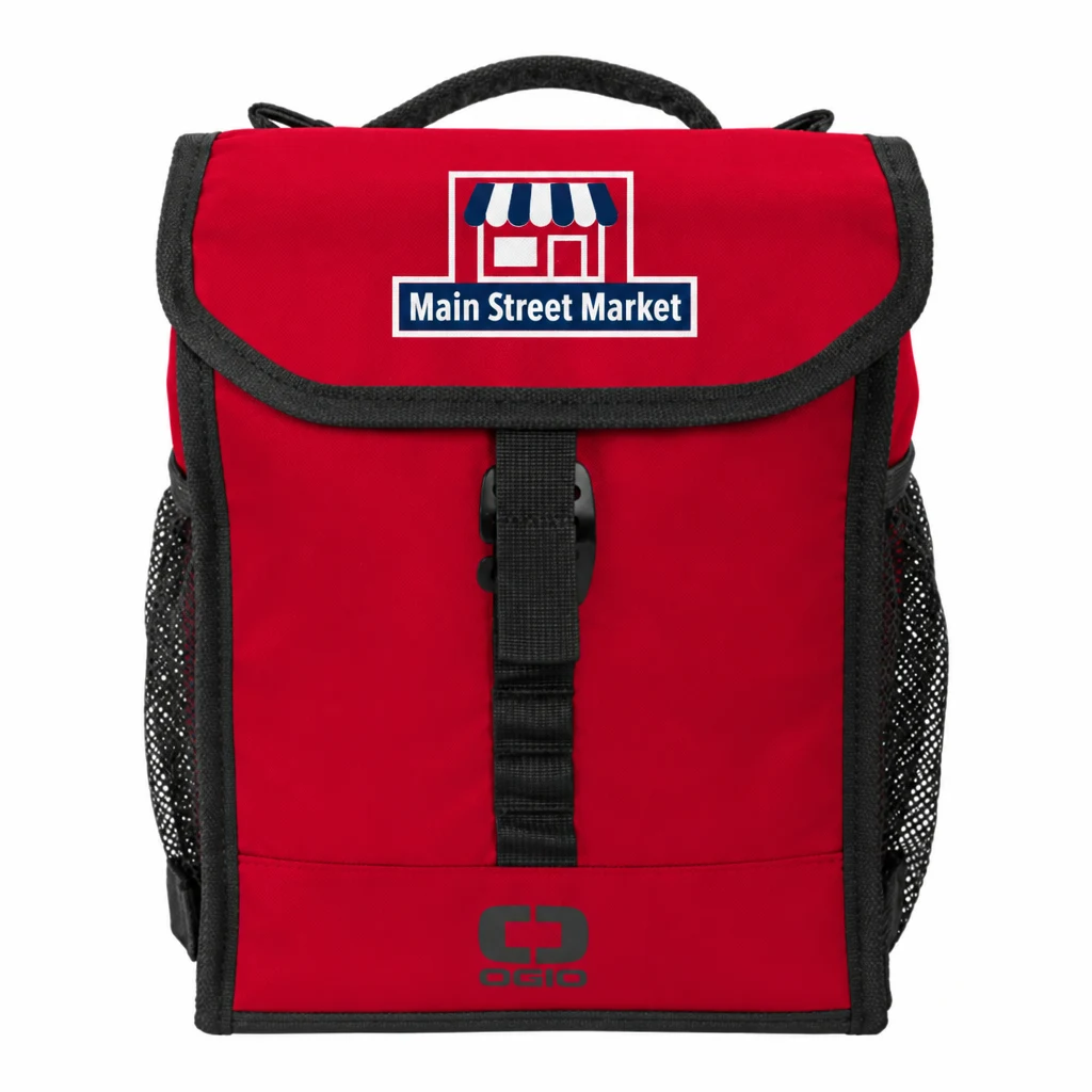Custom OGIO Sprint Lunch Cooler (96000) in Signal Red, flat-lay view with a custom printed logo.
