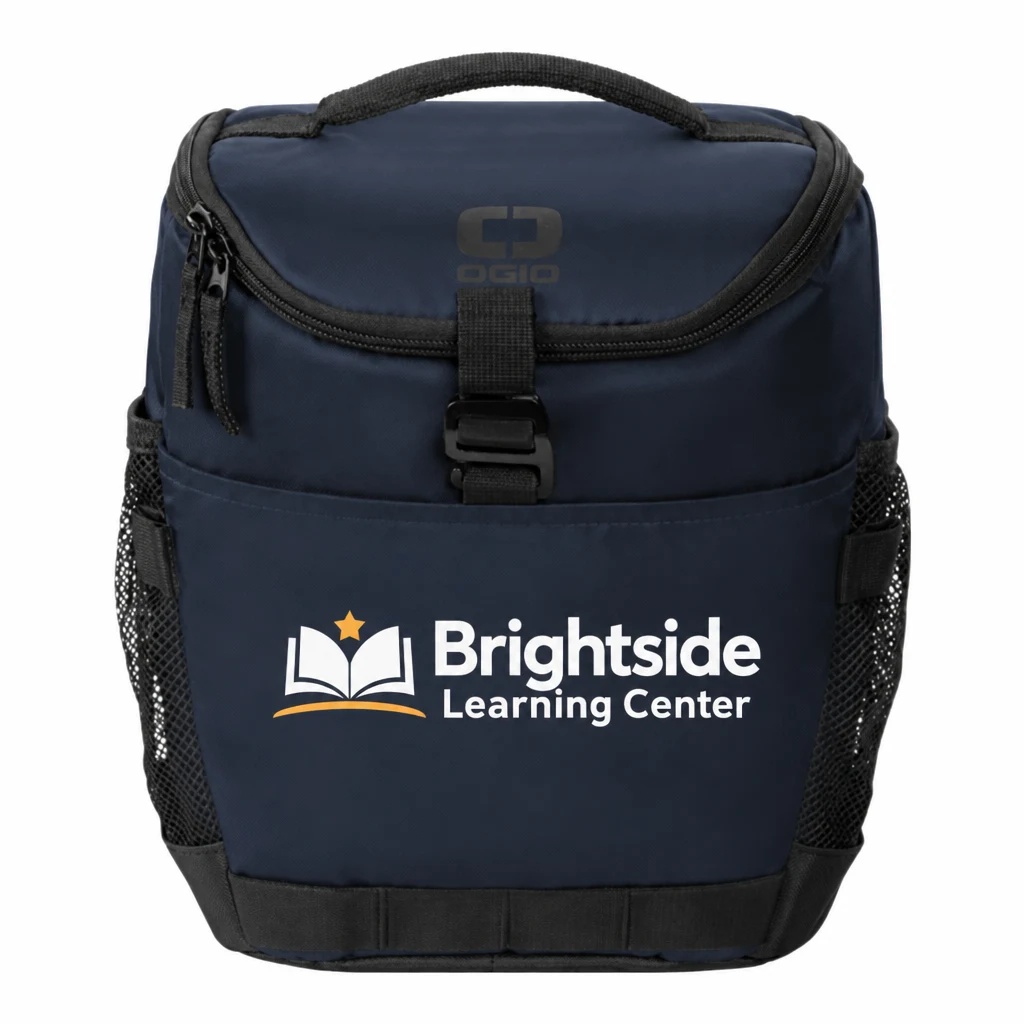 Custom OGIO Sprint 12-Pack Cooler (96001) in River Blue Navy, flat-lay view with a custom printed logo.