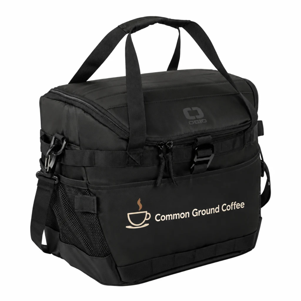 Custom OGIO Sprint 24-Pack Cooler (96002) in Blacktop, flat-lay view with a custom printed logo.
