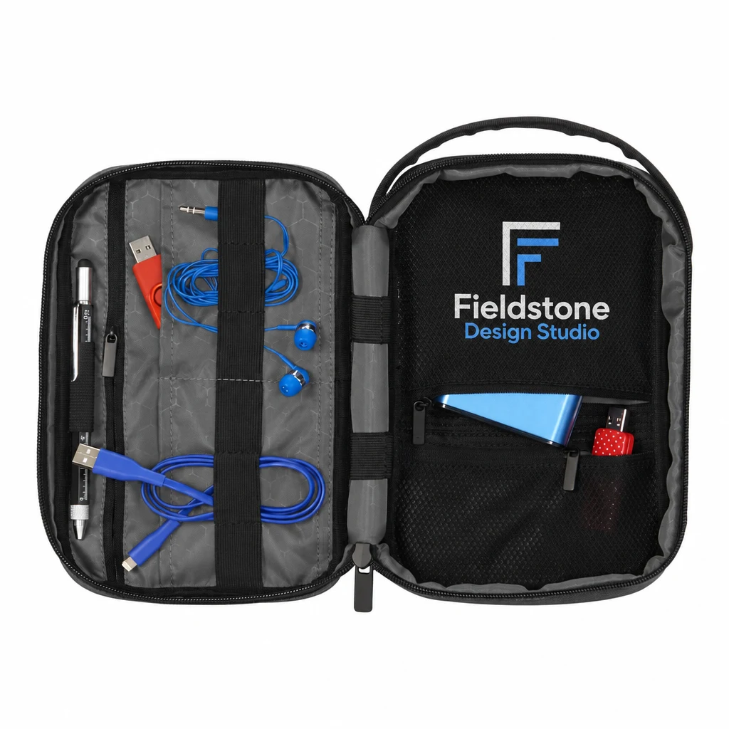 Custom OGIO Vault (97000) in Tarmac, flat-lay view with a custom printed logo.