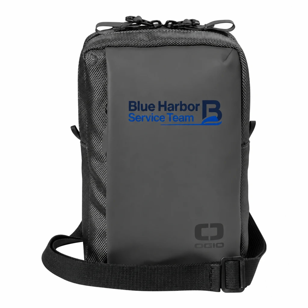 Custom OGIO Resistant Crossbody (97002) in Tarmac Grey, flat-lay view with a custom printed logo.