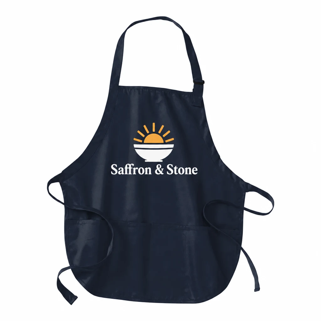 Custom Port Authority Medium-Length Apron with Pouch Pockets (A510) in Navy, front view with a custom printed logo.