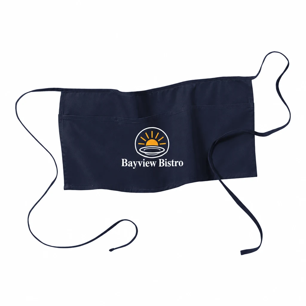 Custom Port Authority Waist Apron with Pockets (A515) in Navy, front view with a custom printed logo.
