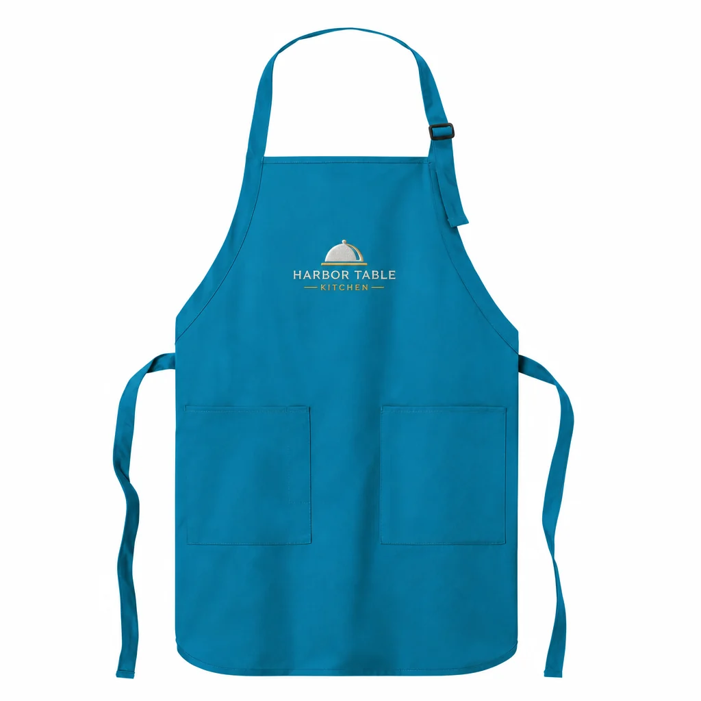 Custom embroidered Port Authority A600 full-length bib apron in Sapphire with a white and gold restaurant logo above the pockets.