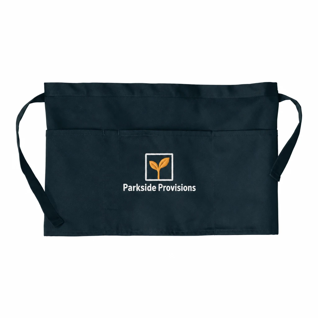 Custom Port Authority Three-Pocket Waist Apron (A602) in Navy, front view with a custom embroidered logo.