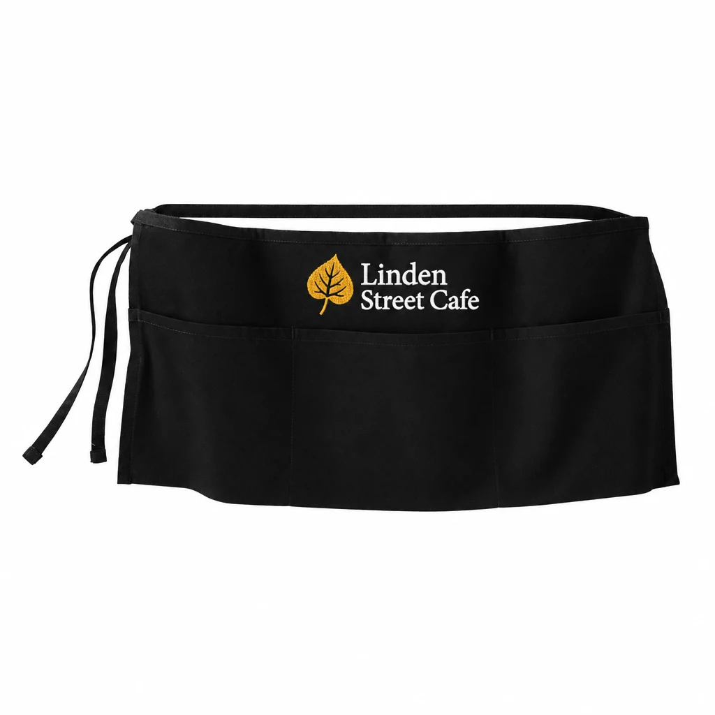 Custom Port Authority Easy Care Waist Apron (A702) in Black, front view with a custom embroidered logo.