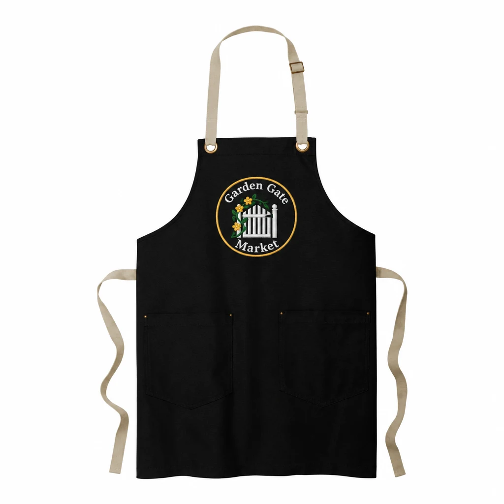 Custom Port Authority Canvas Full-Length Two-Pocket Apron (A815) in Black/ Stone, front view with a custom embroidered logo.