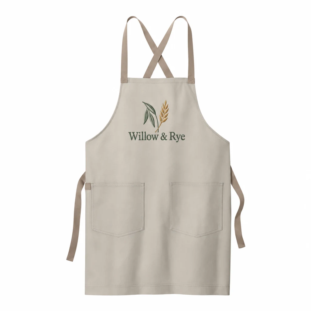 Custom Port Authority Signature Heavy Twill Crossback Apron (A902) in Sahara, front view with a custom embroidered logo.