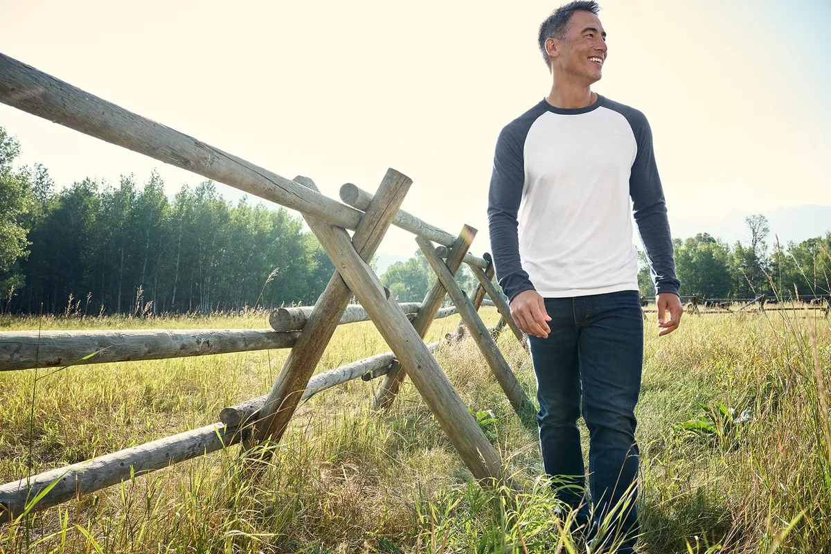 Allmade Unisex Tri-Blend Long Sleeve Colorblock Raglan — Style AL6009 in Rebel Blue/ Bright White — manufacturer lifestyle photo