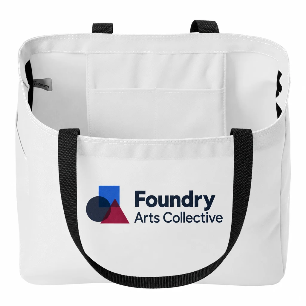 Custom Port Authority - Essential Tote (B0750) in White, flat-lay view with a custom printed logo. Example design