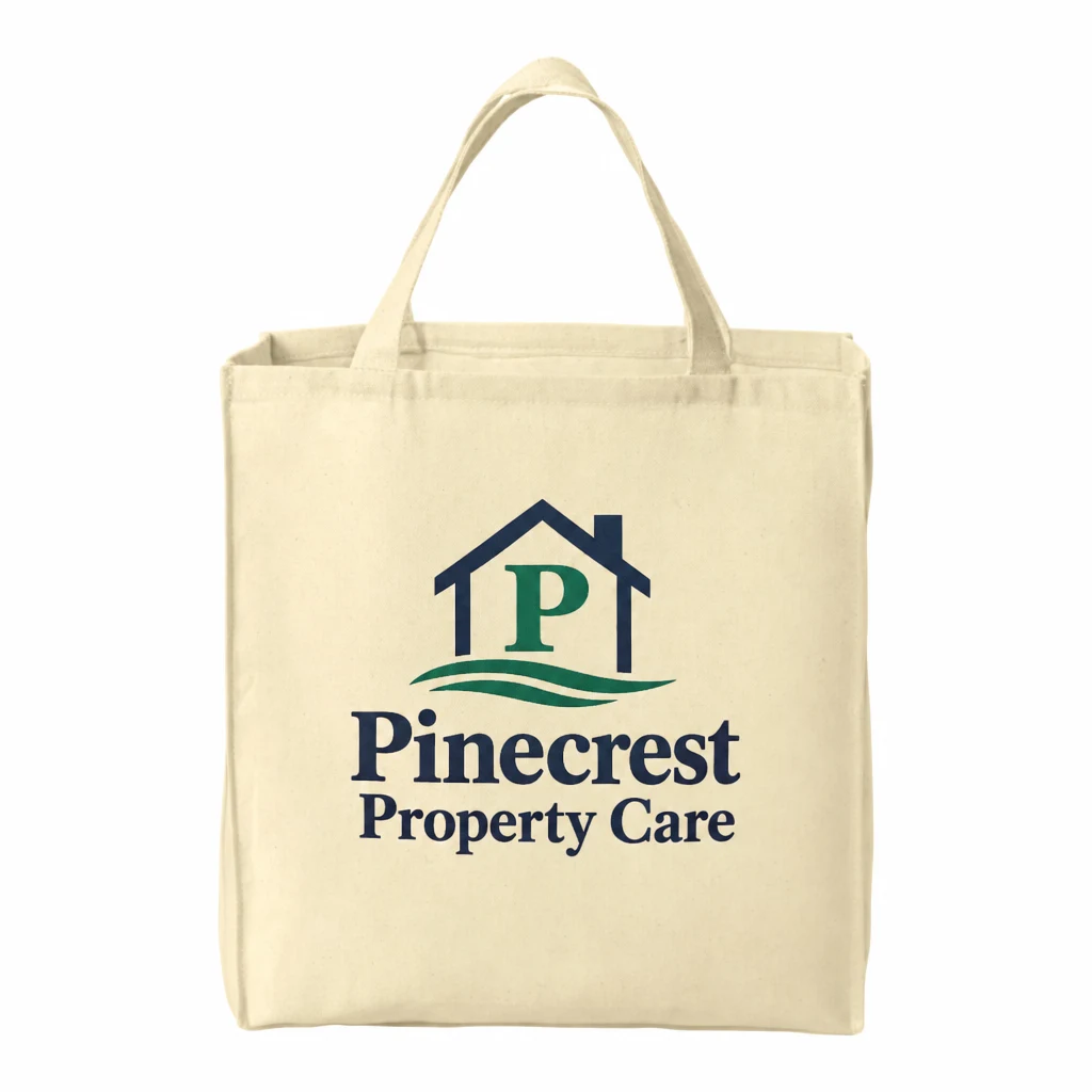 Custom Port Authority Ideal Twill Grocery Tote (B100) in Natural, flat-lay view with a custom printed logo. Example design