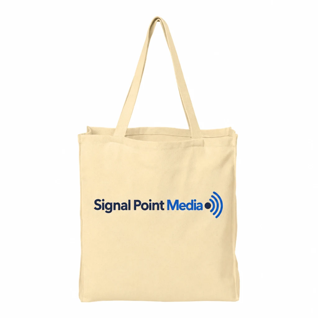 Custom Port Authority Ideal Twill Over-the-Shoulder Grocery Tote (B110) in Natural, flat-lay view with a custom printed logo. Example design