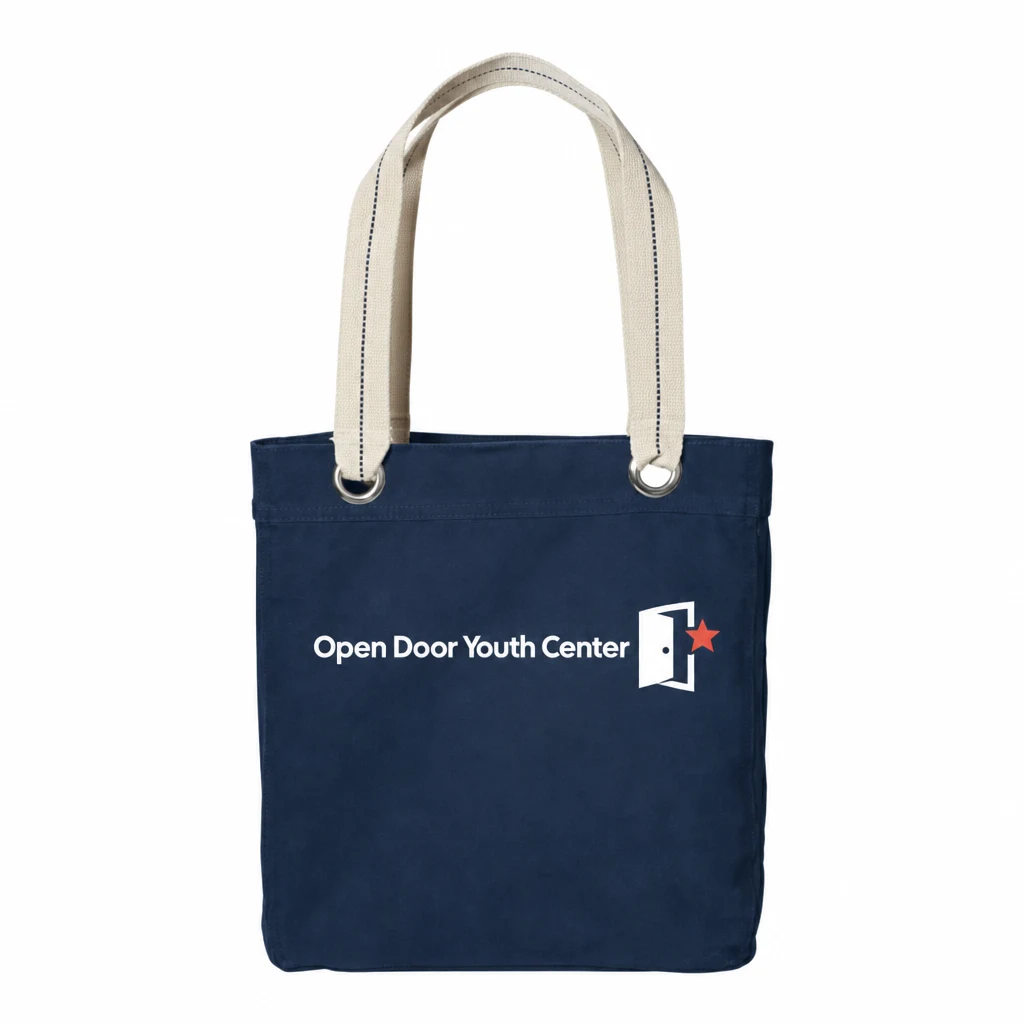 Custom Port Authority Allie Tote (B118) in Navy, flat-lay view with a custom printed logo. Example design