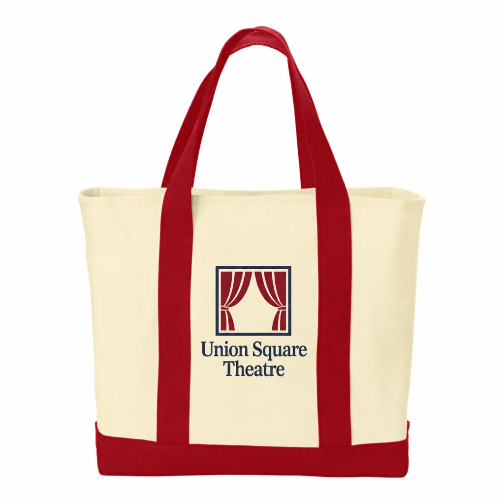 Custom Port Authority - Ideal Twill Two-Tone Shopping Tote (B400) in Natural/ Red, flat-lay view with a custom printed logo. Example design
