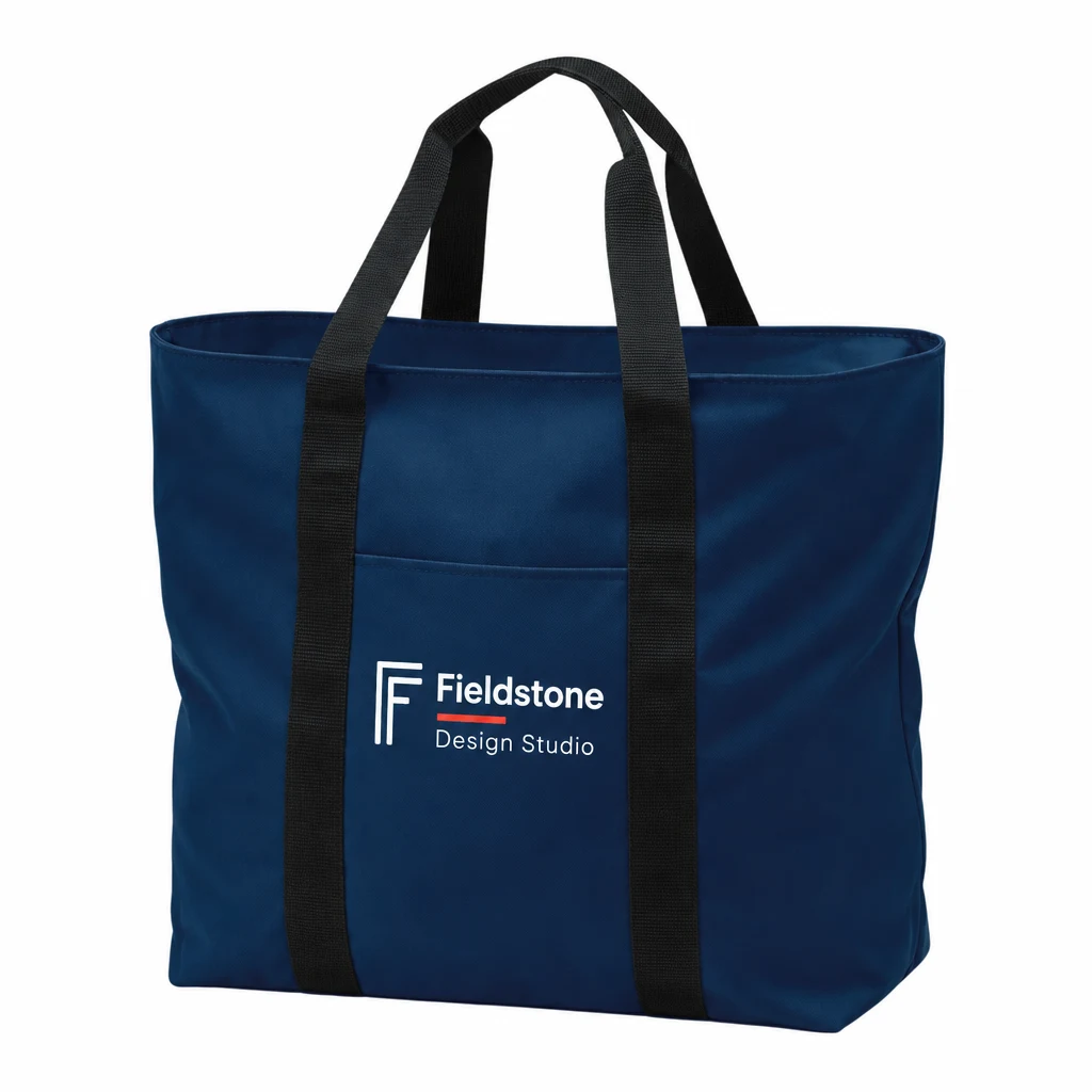 Custom Port Authority All-Purpose Tote (B5000) in Navy/ Black, flat-lay view with a custom printed logo. Example design