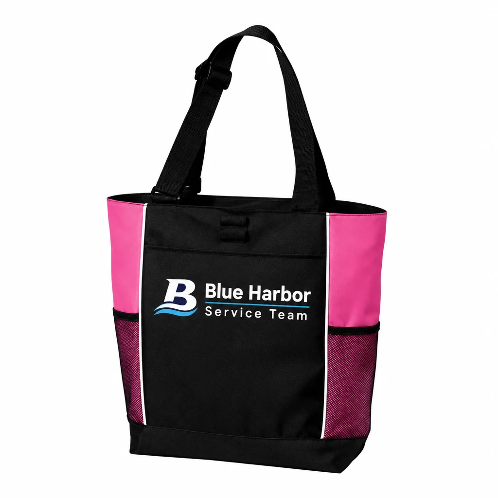 Custom Port Authority Panel Tote (B5160) in Black/ Tropical Pink, flat-lay view with a custom printed logo. Example design