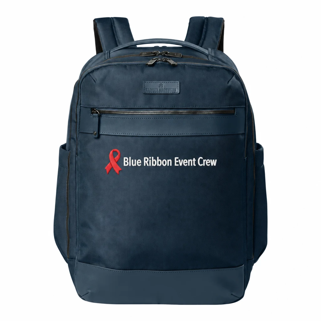 Custom Brooks Brothers Oxford Backpack (BB18822) in Navy Blazer, flat-lay view with a custom embroidered logo.