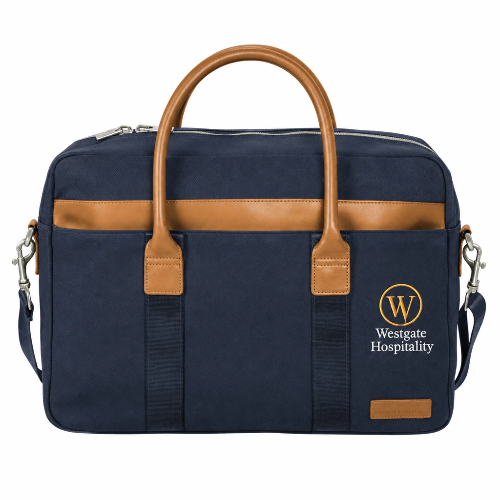 Custom Brooks Brothers Wells Briefcase (BB18830) in Navy Blazer, flat-lay view with a custom embroidered logo.