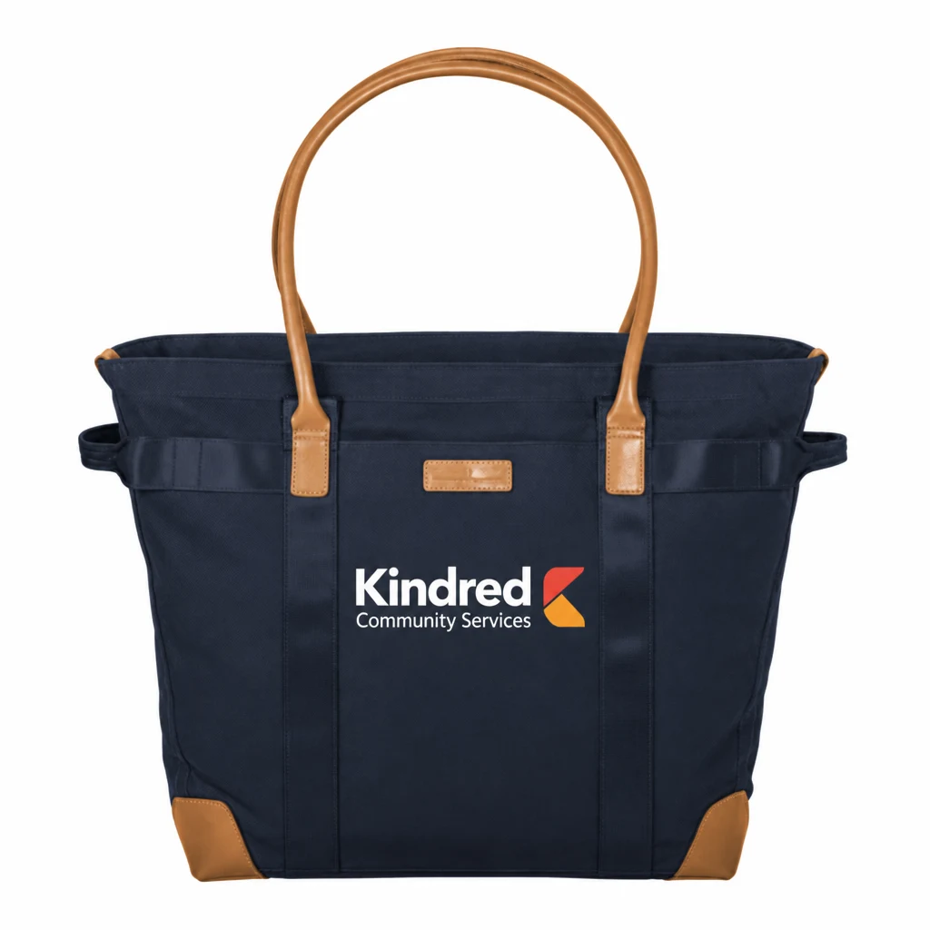 Custom Brooks Brothers Wells Laptop Tote (BB18840) in Navy Blazer, flat-lay view with a custom printed logo. Example design