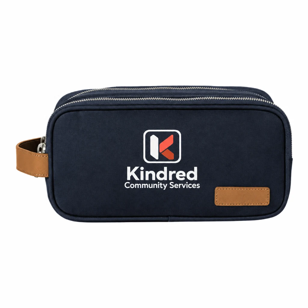 Custom Brooks Brothers Wells Dopp Kit (BB18870) in Navy Blazer, flat-lay view with a custom printed logo.