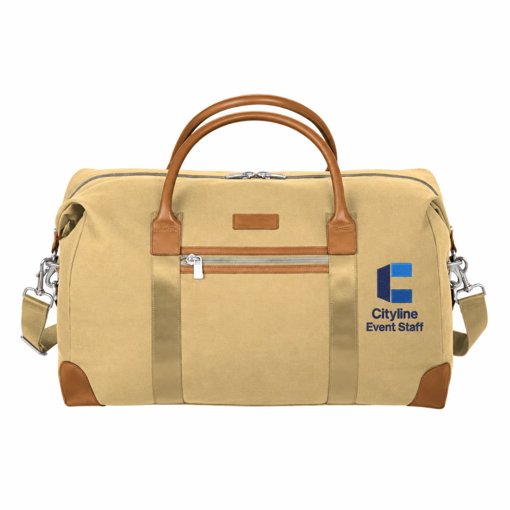 Custom Brooks Brothers Wells Duffel (BB18880) in Ledger Khaki, flat-lay view with a custom embroidered logo.
