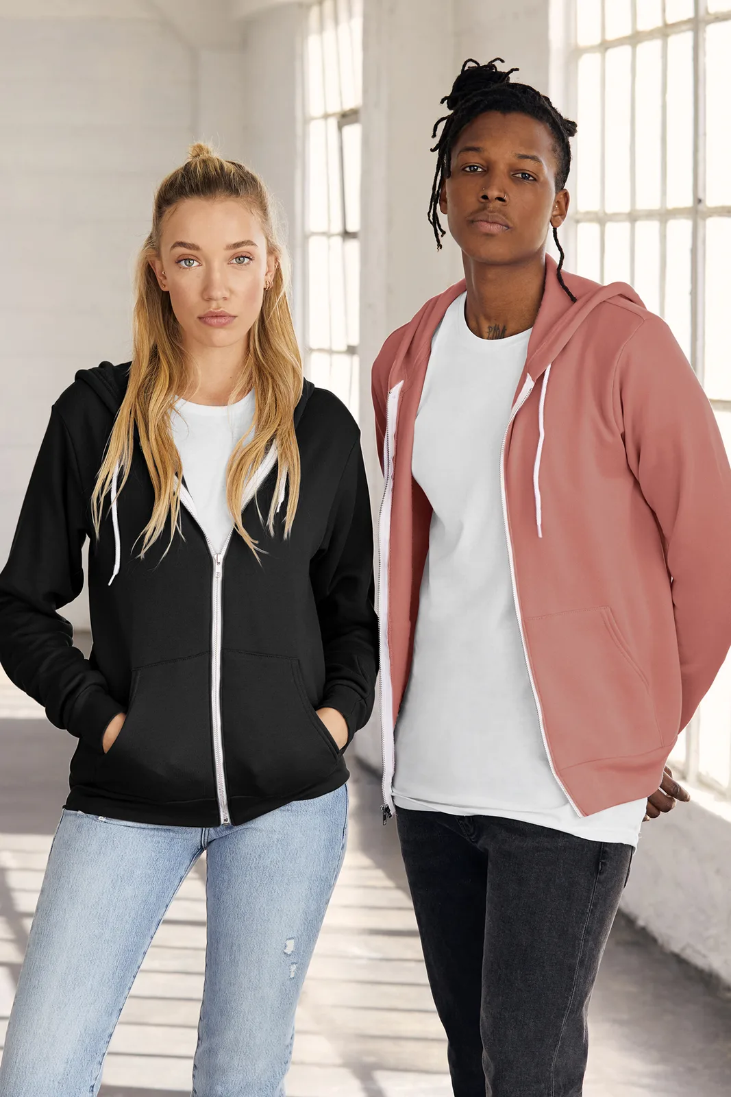 BELLA+CANVAS Unisex Sponge Fleece Full-Zip Hoodie — Style BC3739 in Dark Grey — manufacturer lifestyle photo