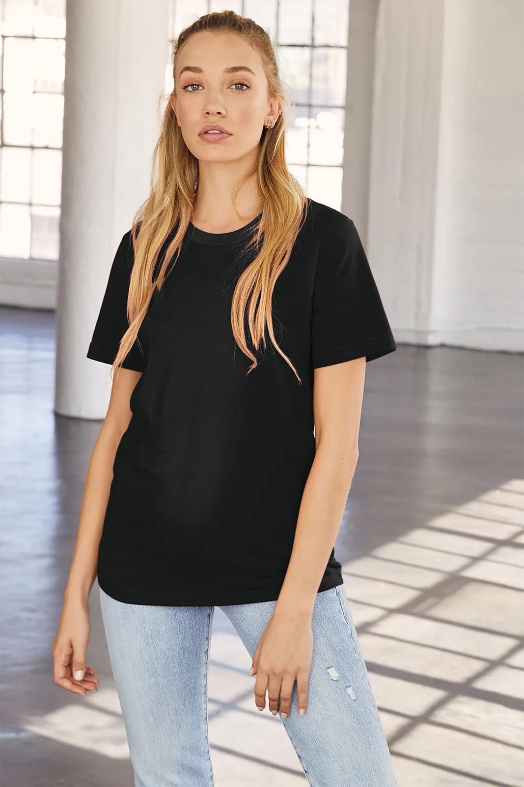 BELLA+CANVAS Women's Relaxed Jersey Short Sleeve Tee — Style BC6400 in Black — manufacturer lifestyle photo