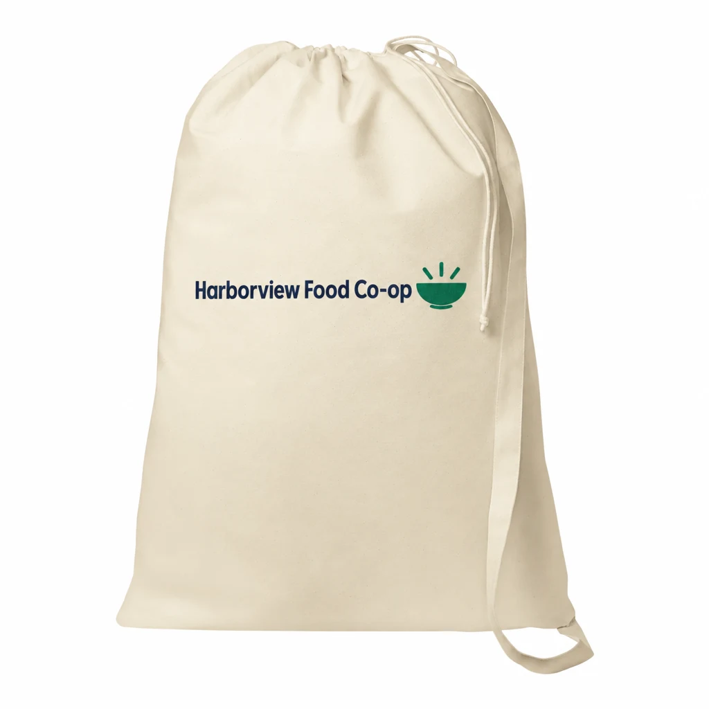 Custom Port Authority Core Cotton Laundry Bag (BG0850) in Natural, flat-lay view with a custom printed logo.