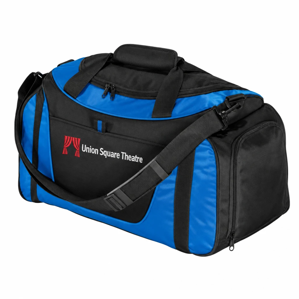 Custom Port Authority - Small Two-Tone Duffel (BG1040) in Royal/ Black, flat-lay view with a custom embroidered logo.