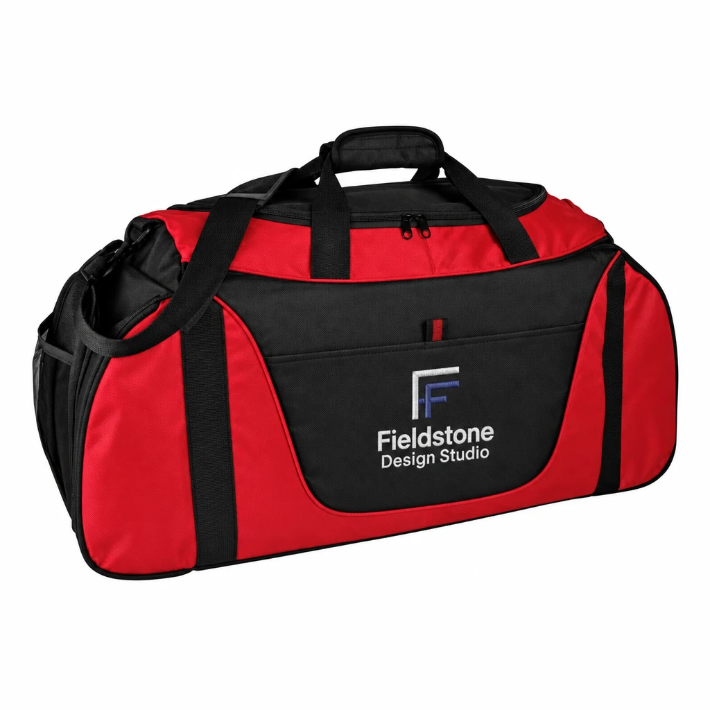 Custom Port Authority Medium Two-Tone Duffel (BG1050) in Red/ Black, flat-lay view with a custom embroidered logo.