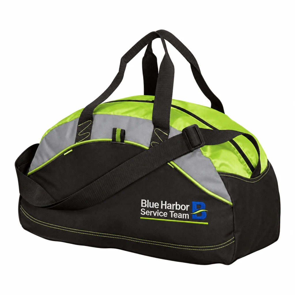 Custom Port Authority - Medium Contrast Duffel (BG1070) in Lime, flat-lay view with a custom embroidered logo.