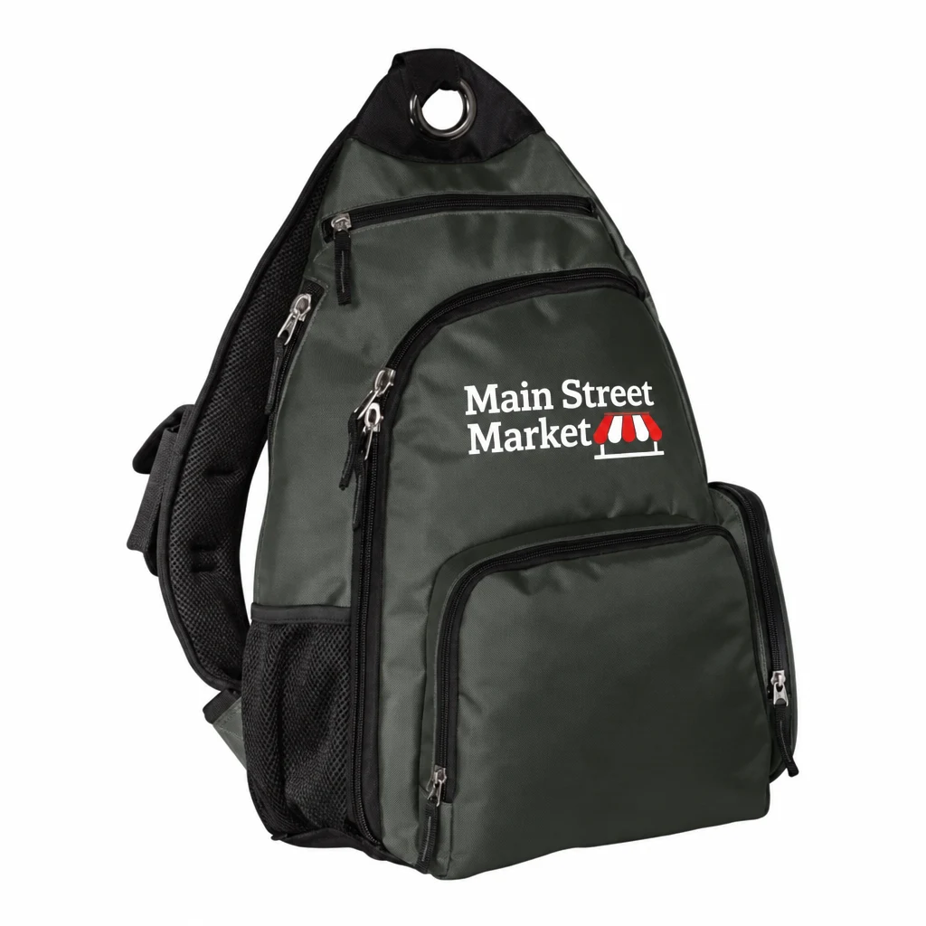 Custom Port Authority Sling Pack (BG112) in Dark Slate, flat-lay view with a custom printed logo.
