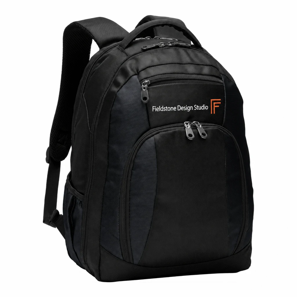 Custom Port Authority Commuter Backpack (BG205) in Black, flat-lay view with a custom embroidered logo.
